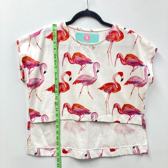 Sonny Tann Boxy Pink Flamingo Top, Cropped in Front, Capped Sleeves, Size Medium - Picture 8 of 8